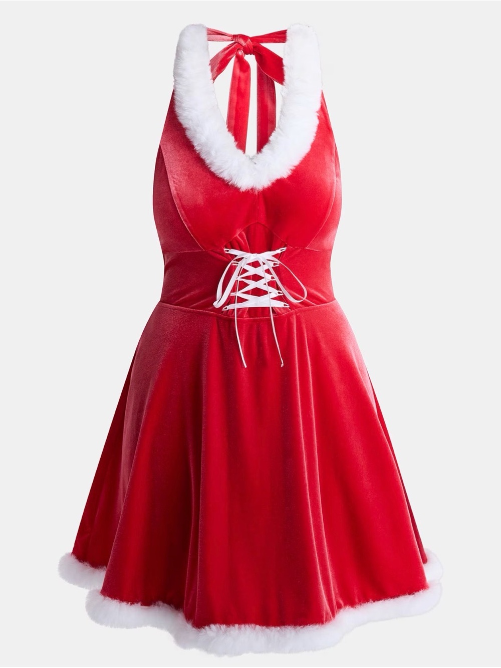Red Holiday Faux-Fur Trim Halter Dress